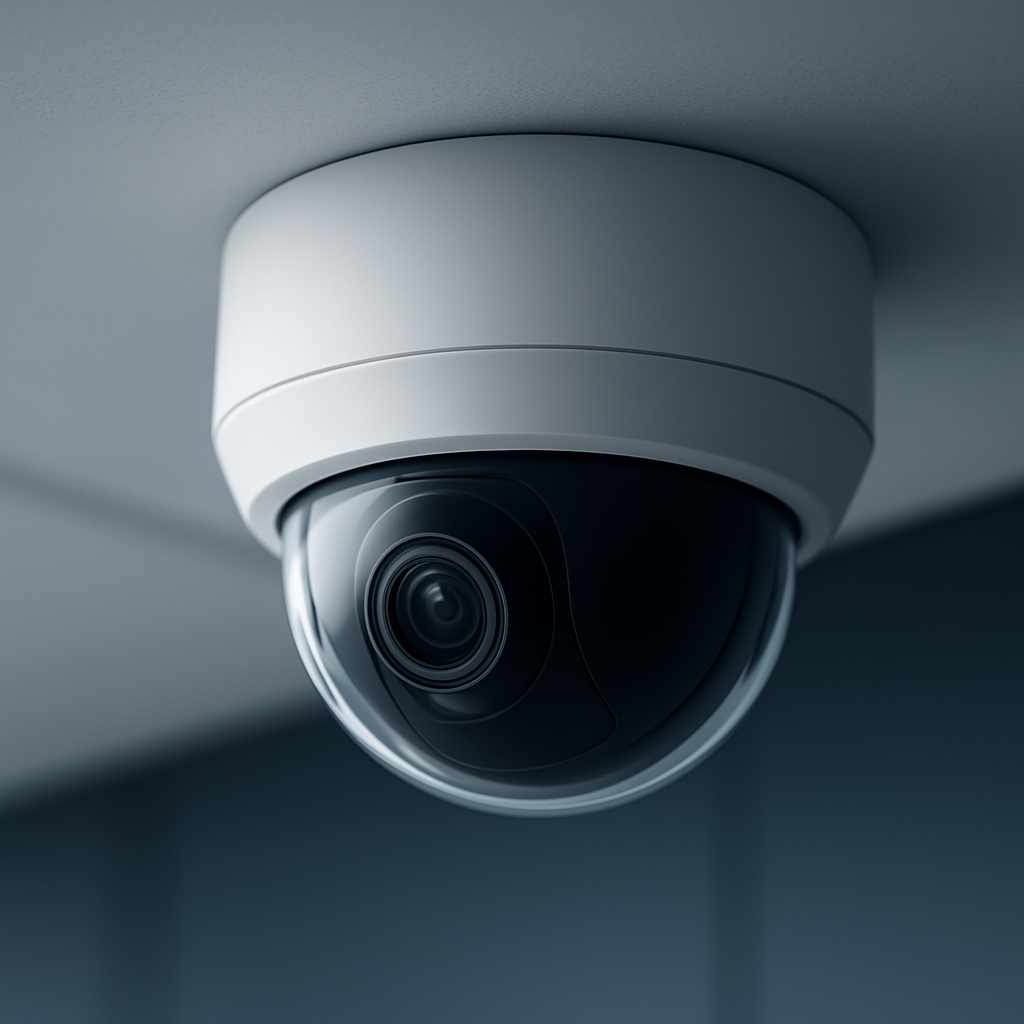 Cámara de seguridad tipo domo instalada en un edificio moderno