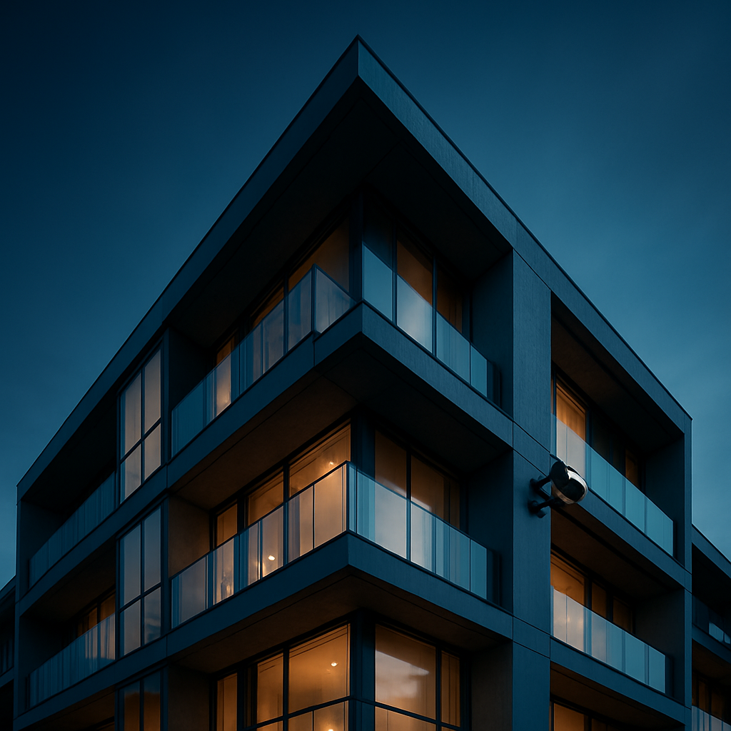 Edificio residencial moderno al atardecer con videovigilancia profesional